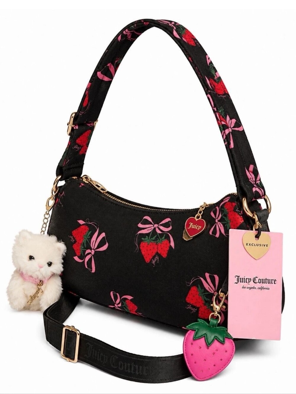 Juicy Couture Strawberry Bow Shoulder Bag w/ Plush Strawberry Mirror Bag Charms